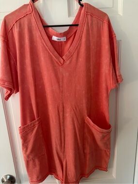 Coral V-Neck Romper with Pockets